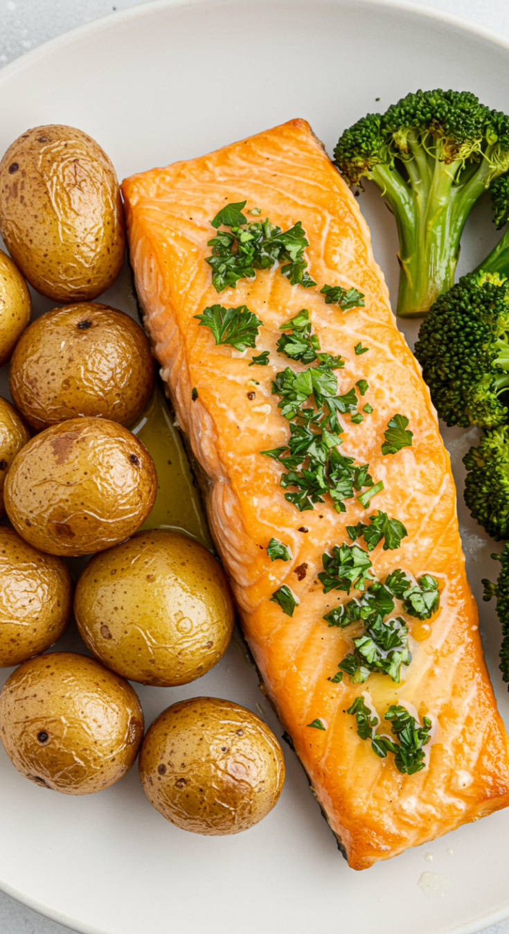 Lemon Butter Salmon with Roasted Potatoes & Broccoli