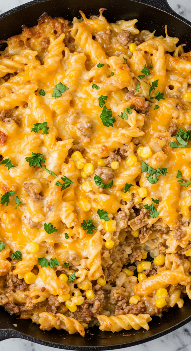 Loaded Cheddar Ranch Beef and Sweet Corn Rotini Bake