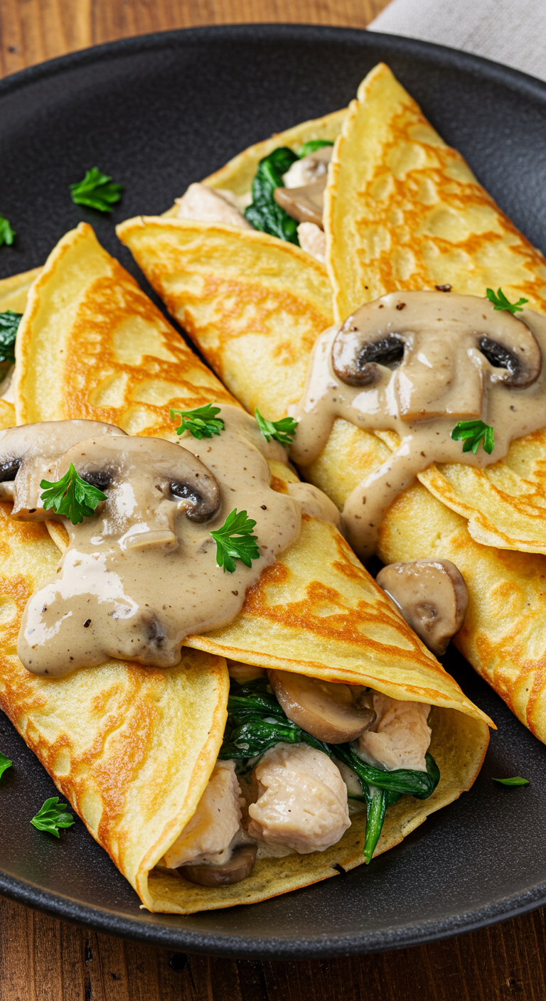 Savory Spinach Mushroom Chicken Crêpes