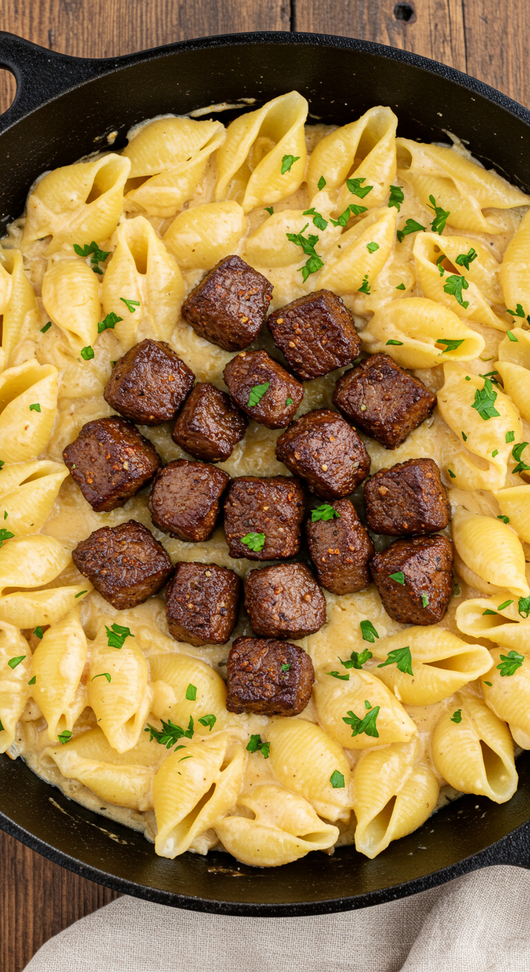 Cajun Steak Bites and Cheesy Garlic Shells Skillet