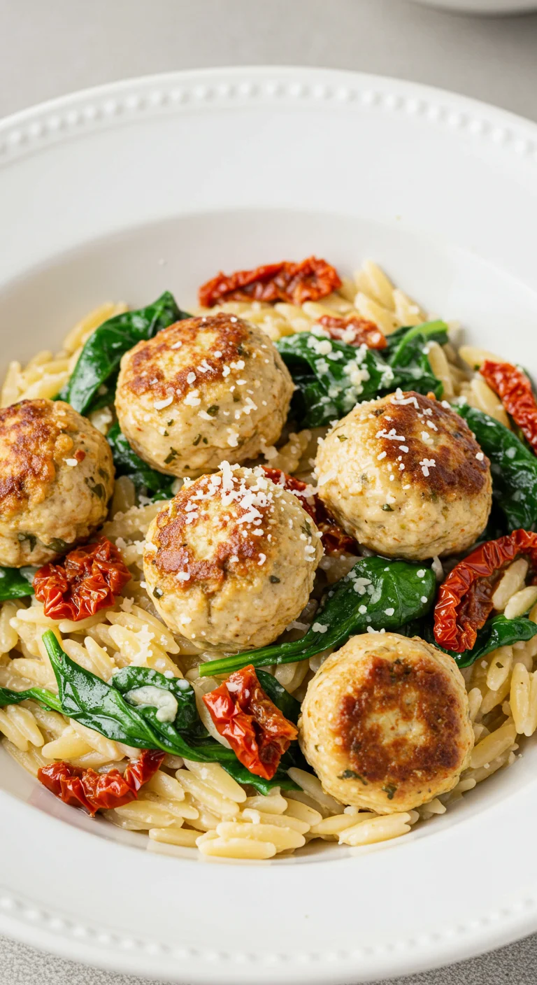 Tuscan Chicken Meatball Orzo