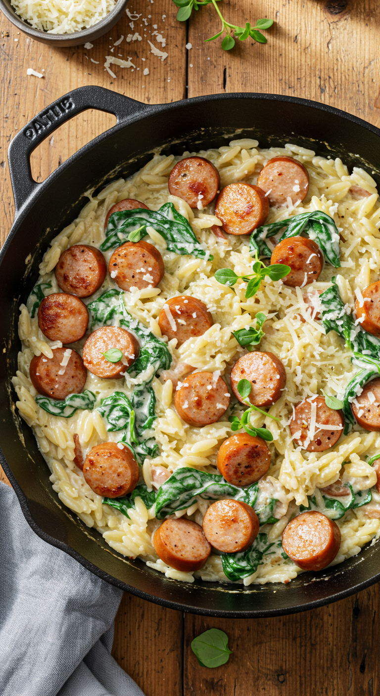 Creamy Chicken Sausage Orzo Skillet