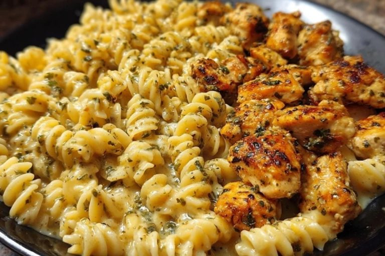 Cheesy Alfredo Twisted Pasta with Golden Garlic Butter Chicken in Creamy Sauce