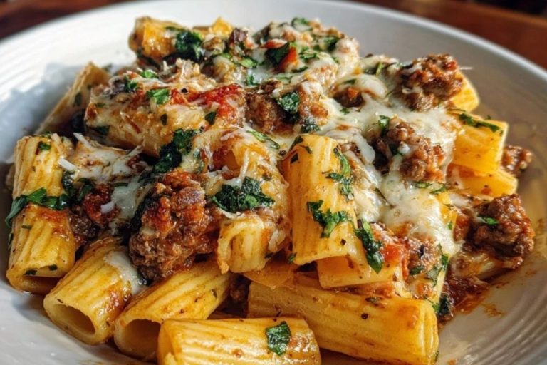 Cheesy Beef and Italian Sausage Rigatoni in Garlic Butter Sauce