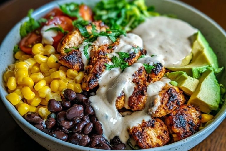 Chipotle Chicken Bowl with Black Beans, Corn, & Creamy Sauce