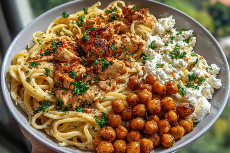 Creamy Cajun Chicken Pasta with Whipped Roasted Garlic Feta & Crispy Chickpeas