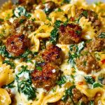 Creamy Garlic Butter Beef Bowtie Pasta with Italian Sausage & Spinach