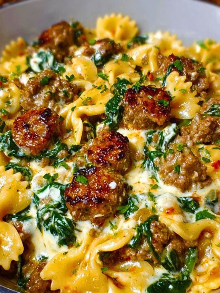 Creamy Garlic Butter Beef Bowtie Pasta with Italian Sausage & Spinach