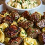 Garlic Butter Steak Bites with Creamy Parmesan Tortellini and Garlic Sauce