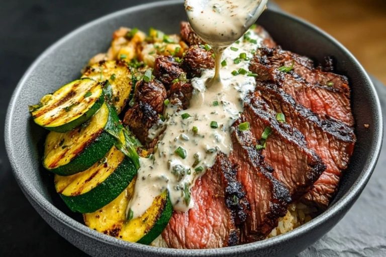 Grilled Steak Bowl with Creamy Sauce & Grilled Zucchini