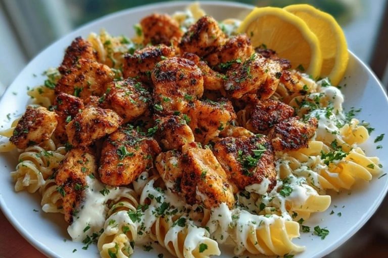 Lemon Cajun Chicken Bites with Creamy Garlic Herb Alfredo Twists