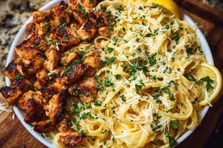 Lemon Garlic Butter Chicken Bites with Savory Parmesan Linguine