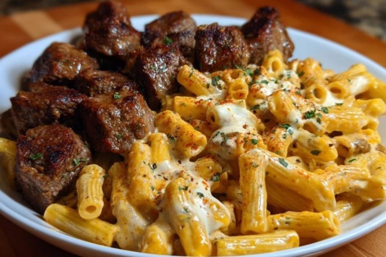 Penne with Creamy Velveeta Four-Cheese and Cajun Beef Bites