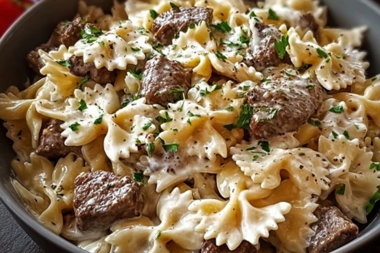 Beef and Bowtie Pasta with Alfredo Sauce