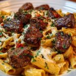 Cajun Garlic Butter Linguine with Tender Beef Strips Rigatoni