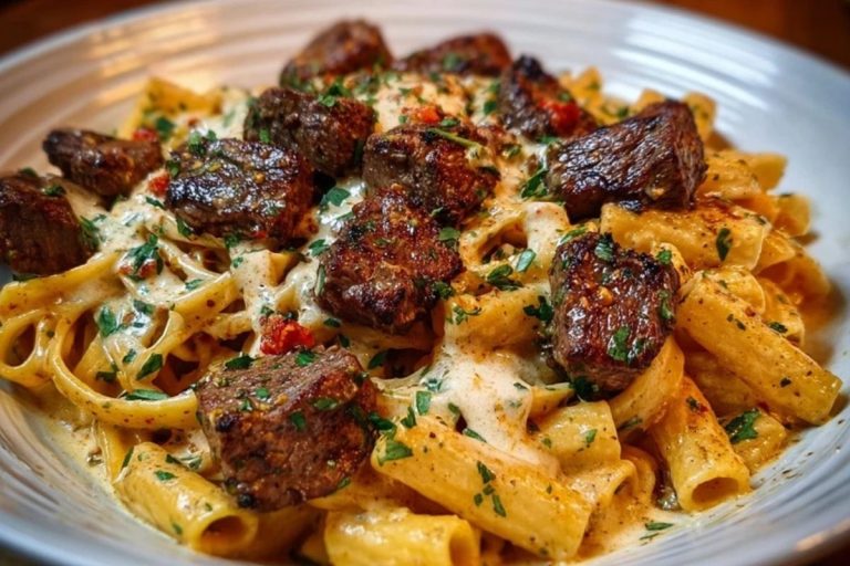 Cajun Garlic Butter Linguine with Tender Beef Strips Rigatoni