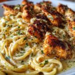 Cheesy Alfredo Linguine with Golden Garlic Butter Chicken in Creamy Sauce