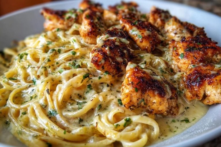 Cheesy Alfredo Linguine with Golden Garlic Butter Chicken in Creamy Sauce