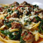 Cheesy Garlic Butter Linguine with Beef, Sausage and Spinach