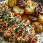 Chestnut Garlic Greek Chicken Alfredo with Sage Potatoes & Mushroom Basil Pesto