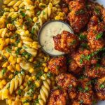 Chili Garlic Butter Chicken Bites with Creamy Cajun Corn Alfredo Twists