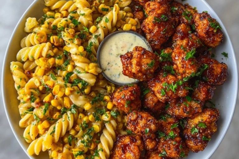 Chili Garlic Butter Chicken Bites with Creamy Cajun Corn Alfredo Twists
