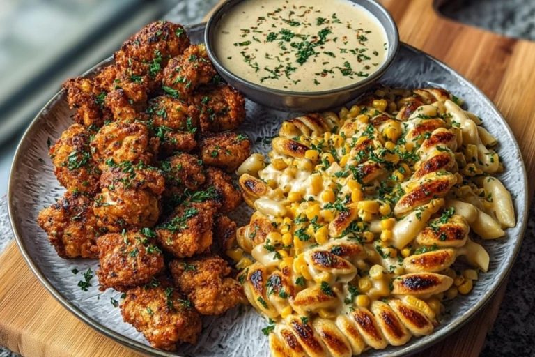 Crispy Chicken Bites & Blackened Cajun Alfredo with Roasted Corn Twists