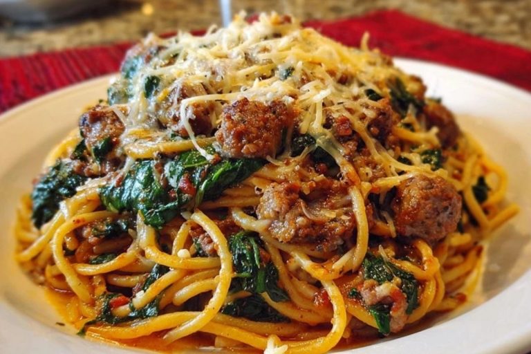 Garlic Butter Spaghetti with Cheesy Italian Sausage and Spinach
