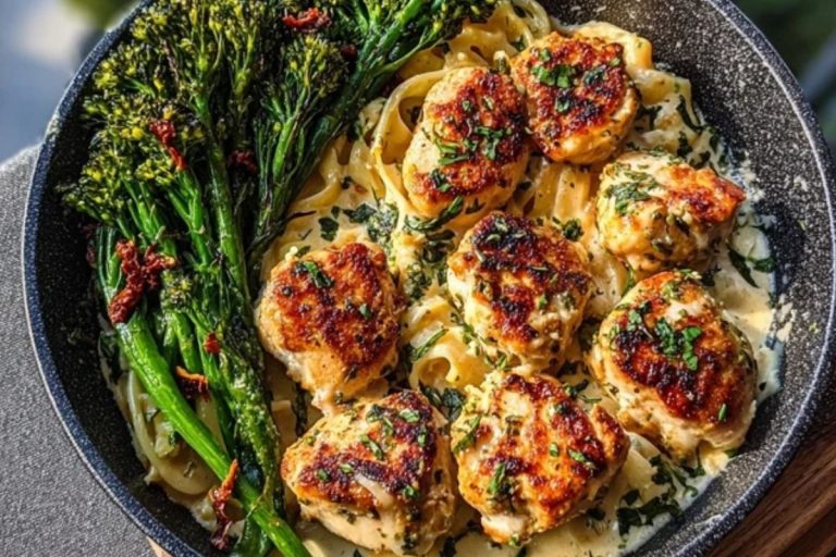 Garlic-Parmesan Chicken Bites with Sun-Dried Tomato Cajun Alfredo & Charred Broccolini