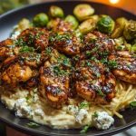 Hot Honey Balsamic Chicken Alfredo with Whipped Feta & Crispy Brussels Chips