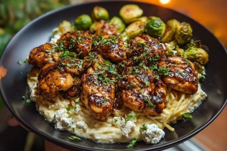 Hot Honey Balsamic Chicken Alfredo with Whipped Feta & Crispy Brussels Chips