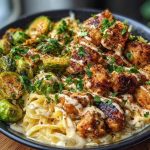 Maple Garlic Chicken Bites with Spicy Cajun Alfredo & Crispy Brussels Twists