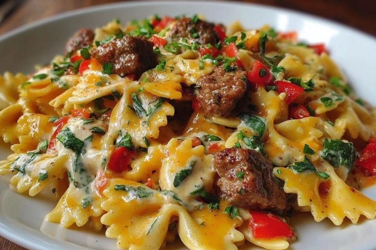 Spicy Cajun Bowtie Pasta with Beef, Sausage & Creamy Garlic Sauce
