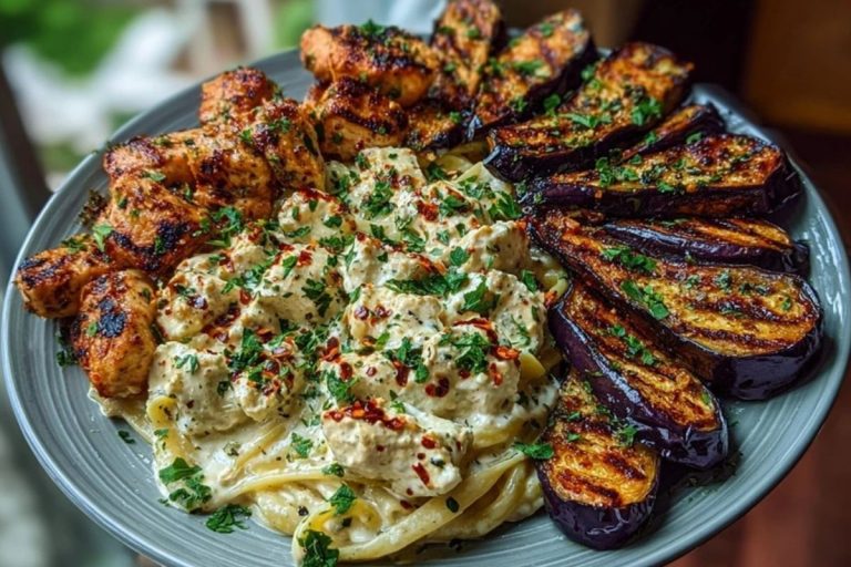 Spicy Whipped Feta Chicken Alfredo with Crispy Eggplant Wedges & Chili Oil Drizzle