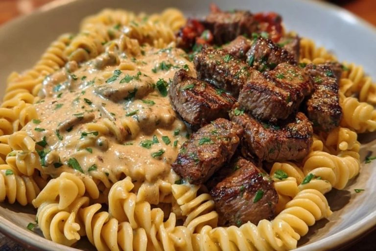 Steak Bites in Garlic Parmesan Sauce over Rotini