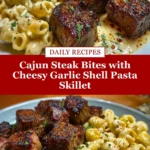 Cajun Steak Bites with Cheesy Garlic Shell Pasta Skillet Pin