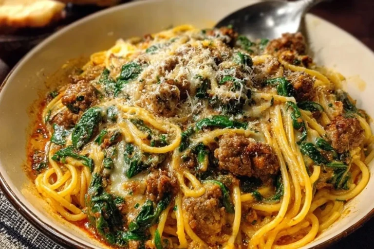 Cheesy Garlic Butter Spaghetti with Italian Sausage & Spinach 1