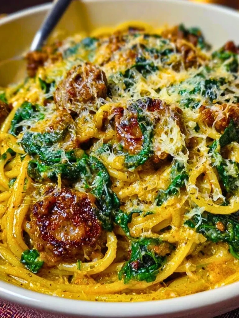Cheesy Garlic Butter Spaghetti with Italian Sausage & Spinach 2