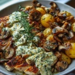 Chestnut Garlic Greek Chicken Alfredo with Sage Potatoes & Mushroom Pesto Cream 1