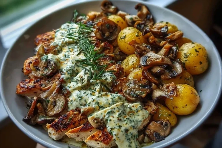 Chestnut Garlic Greek Chicken Alfredo with Sage Potatoes & Mushroom Pesto Cream 1