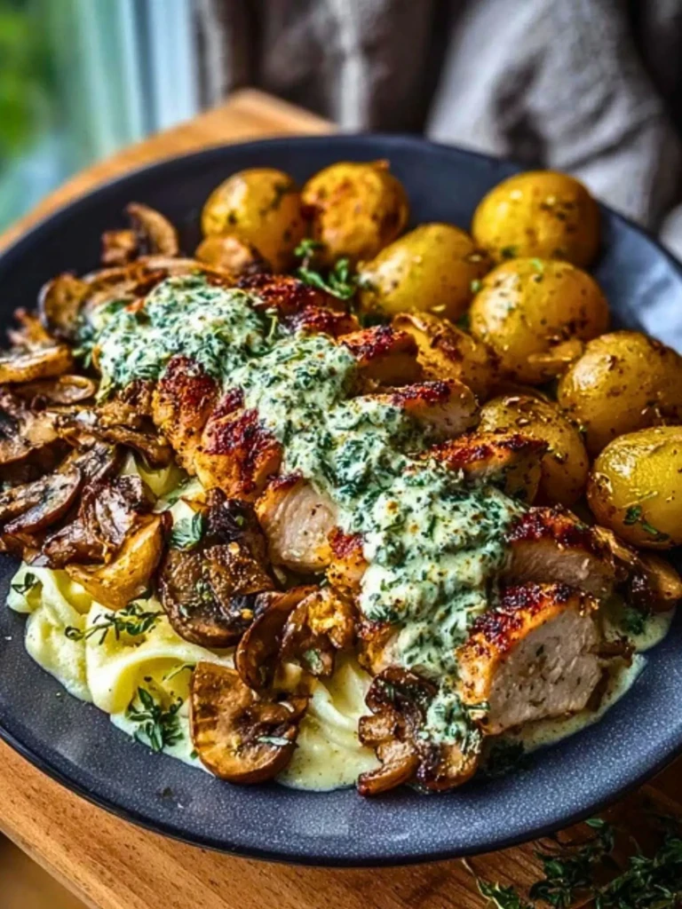 Chestnut Garlic Greek Chicken Alfredo with Sage Potatoes & Mushroom Pesto Cream 2
