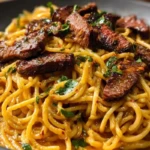 Creamy Cajun Garlic Butter Spaghetti with Beef Strips 1