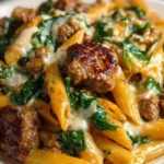 Creamy Garlic Butter Beef Penne with Sausage and Spinach 1