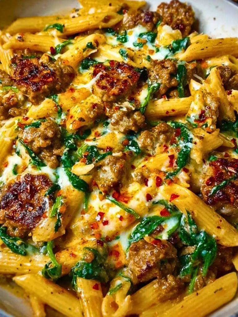 Creamy Garlic Butter Beef Penne with Sausage and Spinach 2