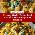Creamy Garlic Butter Beef Penne with Sausage and Spinach Pin