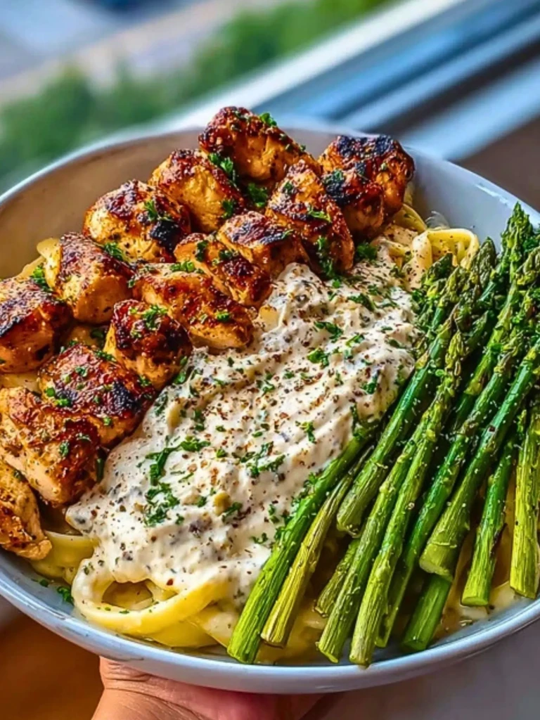 Delicious Greek Chili Chicken Alfredo with Smoked Feta Cream & Crispy Parmesan Asparagus 2