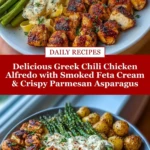 Delicious Greek Chili Chicken Alfredo with Smoked Feta Cream & Crispy Parmesan Asparagus Pin