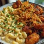 Garlic Butter Chicken Bites & Cajun Alfredo Mac with Crispy Onion Topping 1