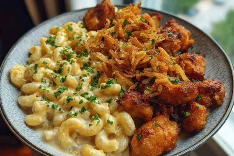 Garlic Butter Chicken Bites & Cajun Alfredo Mac with Crispy Onion Topping 1