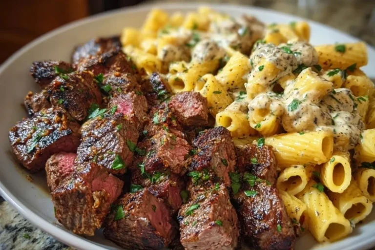 Garlic Butter Steak with Creamy Parmesan Rigatoni 1